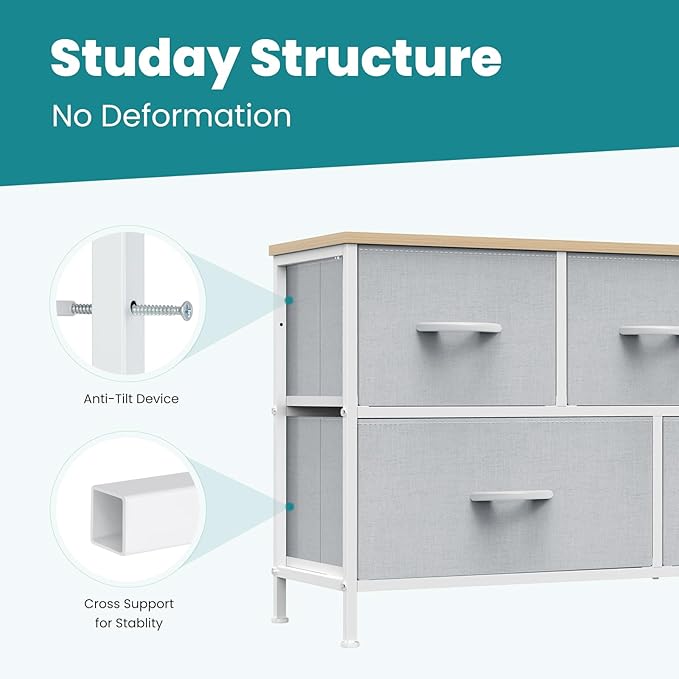 OLIXIS Dresser for Bedroom with 5 Drawers, Wide Chest of Drawers, Fabric Bedroom Dresser with Drawer Organizer, Storage Organizer Unit with Fabric Bins for Closet, Living Room, Hallway, Light Grey