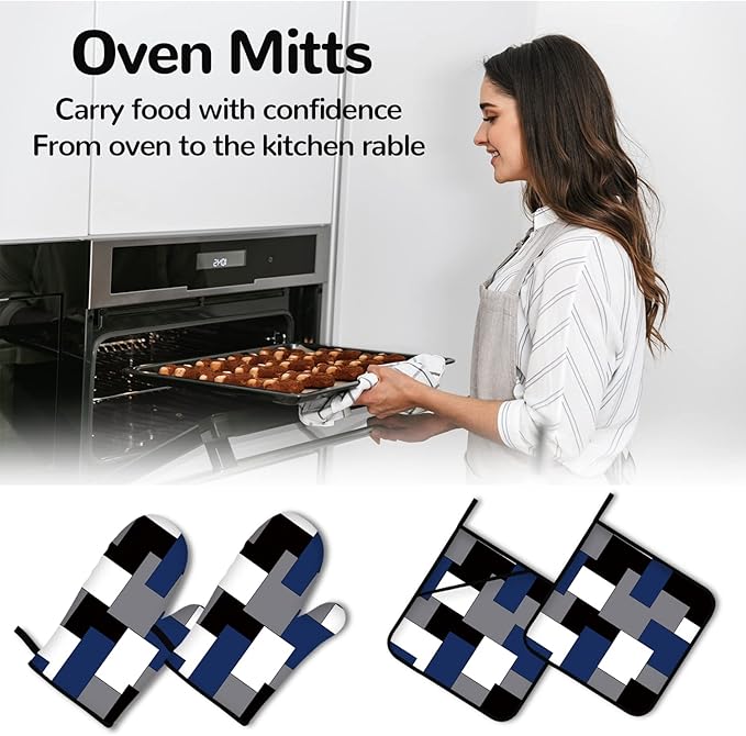 Blue Black Grey Oven Mitts and Pot Holders Sets of 4 Geometric Oven Mitts Oven Gloves Pot Holders and Oven Mitts for Kitchen Baking Cooking Grilling (Blue)