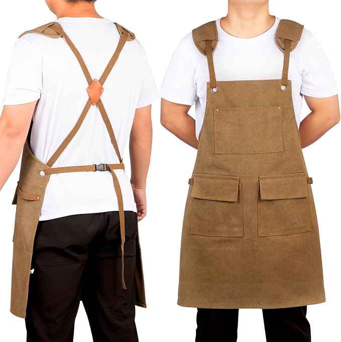 Work Apron with Pockets Thickened Waxed Canvas Apron Extended Adjustable Strap Waterproof Apron Protection for Men
