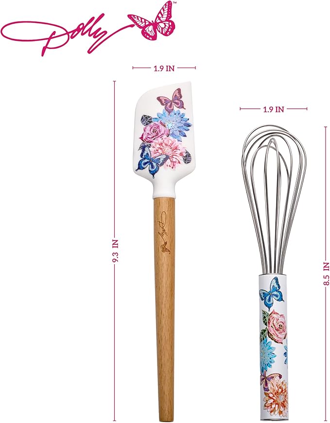 Dolly Parton Spatula and Whisk Set - Rose Kitchen Utensils with Floral and Butterfly Pattern Design - Heat Resistant Silicone Cooking Tools - 2 Piece Baking Essentials Set