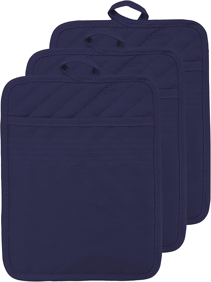 Oven Pot Holder with Pocket Cotton Heat Resistant Coaster Potholder Kitchen Hot Pad Oven Mitts for Cooking Square 7"x9" Set of 3 (Navy Blue)