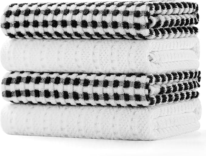 SALAS Cotton Dish Towels Cloths for Kitchen Drying Dishes, Lattice Terry Kitchen Towels, Highly Absorbent Cloths with Hanging Loop, 16‘’ x 26‘’, 4 Packs, Black and White