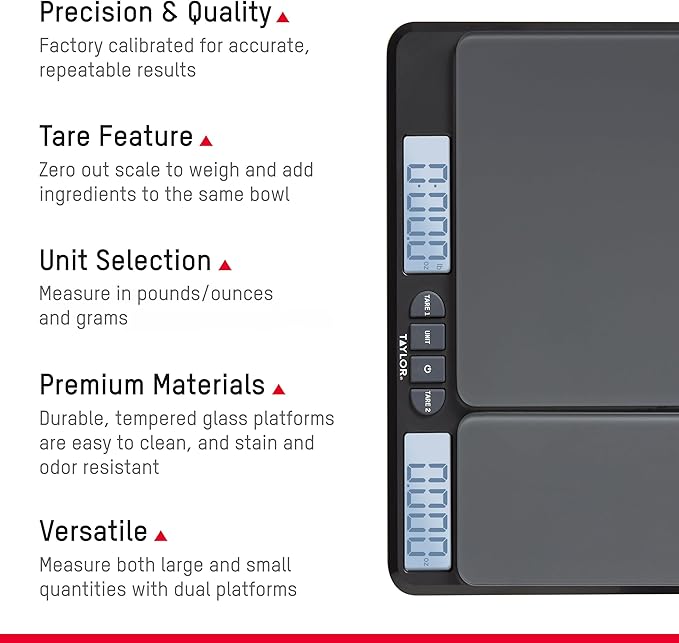 Taylor Dual Platform Food Kitchen Scale, Digital Grams and Ounces for Weight Loss, Baking, Cooking, Meal Prep, Spices, and Coffee, Backlit Display, Glass Platforms, 15lb, and 16oz Capacity, Black