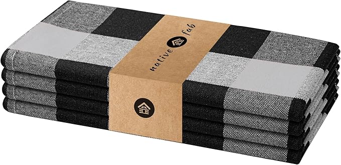 Native Fab Buffalo Check Set of 4 Cloth Dinner Napkins 16x16 inches Soft, Absorbent, Cotton Napkins - Reusable Everyday Use Fabric Napkins - Black and Grey