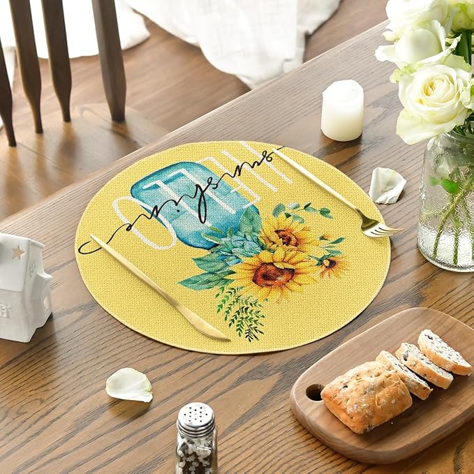 Artoid Mode Yellow Sunflower Vase Summer Round Placemats Set of 4, 14 Inch Summer Round Table Mats for Dining Decoration