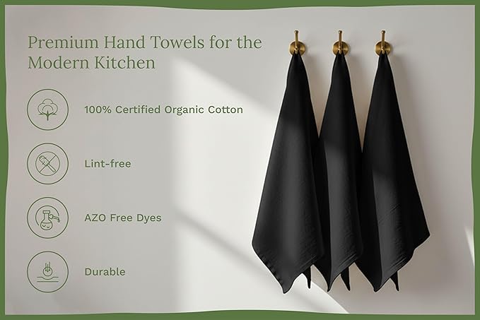 Organic Cotton Black Tea Towels - 100% Cotton, 10-Pack, Reusable and Washable Black Flour Sack Towels for Kitchen - Extra Large 27"x27", Durable Dish Towels with Hanging Loop