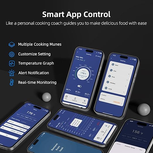 Wireless Meat Thermometer with Unique Stone Texture, Smart APP Control, 500 Ft Remote Range, Dual Alarm, Waterproof Cooking Thermometer Wireless for Grilling, Smoking, Family BBQ, Oven