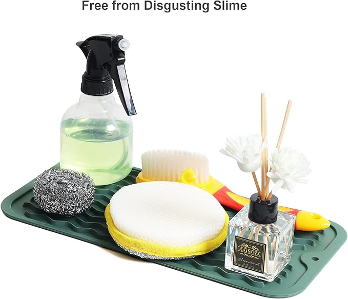 ZLR Silicone Sponge Holder & Sink Caddy Tray (6" x 12") - Narrow Dish Drying Mat for Kitchen Counter - Waterproof Soap Dispenser Organizer, Non-Slip Bathroom Vanity Tray (Dark Green)