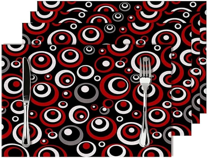 Set of 4 Modern Geometric Black Red and White Circles Patterned Linen Placemats, 12 x 18 Inch Non-Slip Heat Resistant Abstract Art Red Black Table Mats for Kitchen Home Party Dining Table, Home Decor