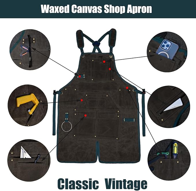 20-Pocket Heavy-Duty Waxed Canvas Work Apron – Fully Adjustable, Vintage Style Tool Organizer