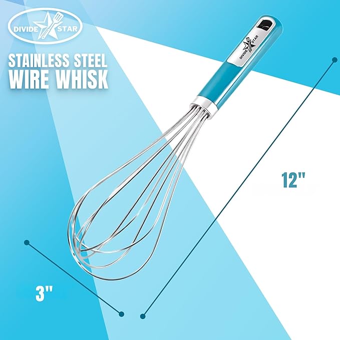 Stainless Steel Whisk 12 Inch Large Balloon Whisk for Baking - Heavy-Duty Hand Mixer with Ergonomic Handle Food Grade Kitchen Tool for Eggs, Batter & Cream – Dishwasher Safe (Turquoise)