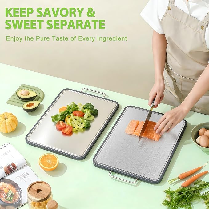 Stainless Steel Cutting Board for Kitchen, 17" x 11" Large Heavy Duty Chopping Board with Juice Grooves, Double Sided Defrosting Tray, Non-Slip Rust Resistant, Dishwasher Safe