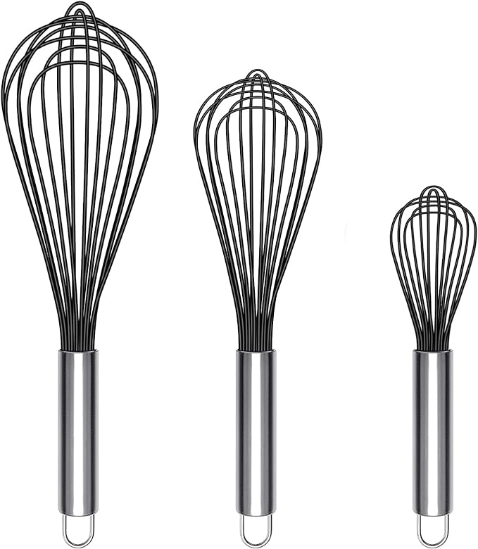 TEEVEA Silicone Whisk Set of 3 Non Scratch Non Stick Silicone Coated Stainless Steel Wire Whisks Heat Resistant 480°F Kitchen Wisk for Cooking Blending Whisking Tool Black