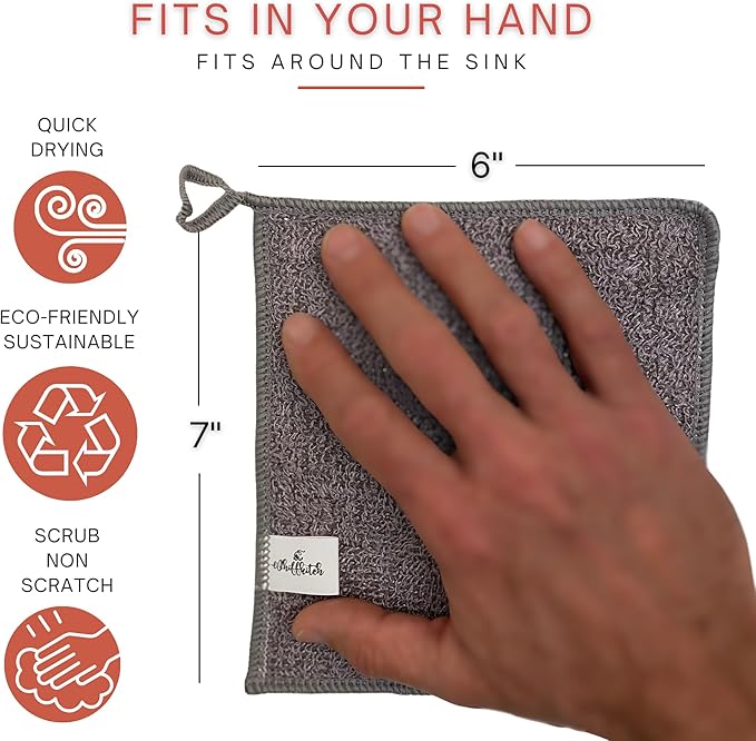 Whiffkitch® Scrubby Cloth – 6-Pack, Dishcloths, Dishrags for Kitchen and Household Cleaning 6x7, 2-Sided, Non-Scratch, Bamboo-Rayon, Scrub Mesh, Quick Dry, Washable, Reusable