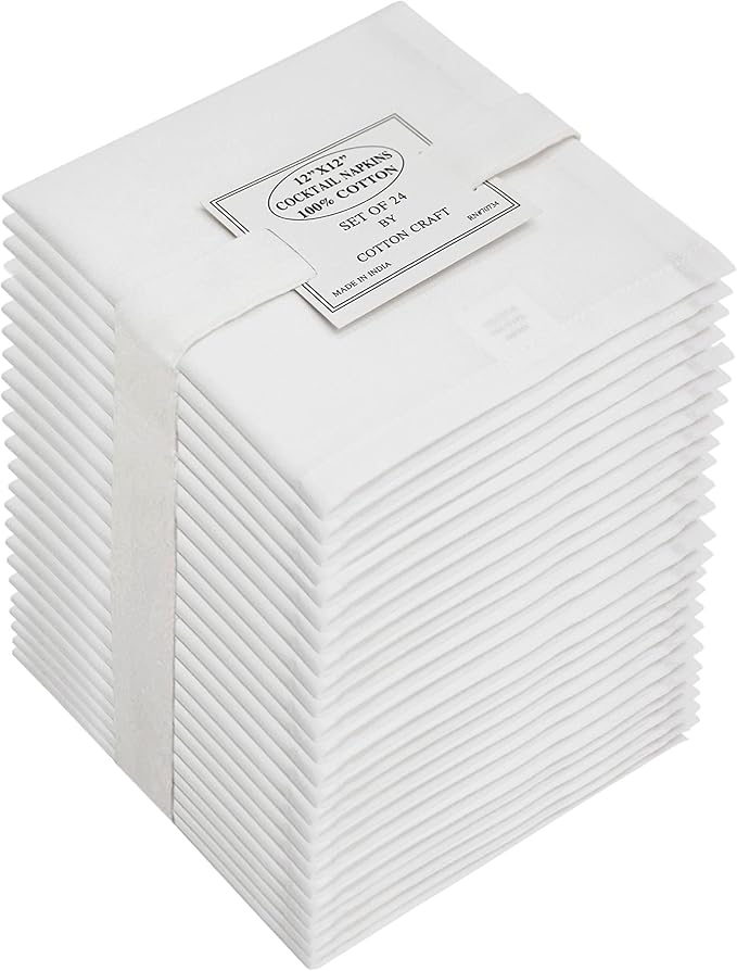 COTTON CRAFT Cocktail Napkins - 24 Pack - Happy Hour Drink Beverage Bar Party Holiday Dessert Celebration Event Gift Luncheon Brunch Dinner - Premium Cotton Cloth Reusable Washable - 12x12 - White