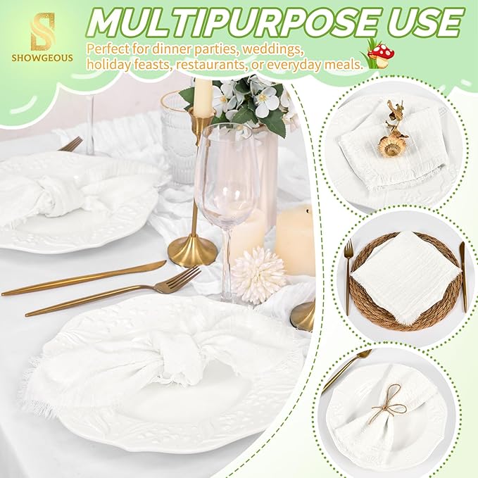 Showgeous 60 Pack White Cloth Napkins with Fringe 16x16 inch 100% Cotton White Napkins Handmade Dinner Napkins Bulk Washable Soft Rustic Table Napkins for Wedding Parties Bridal Baby Shower