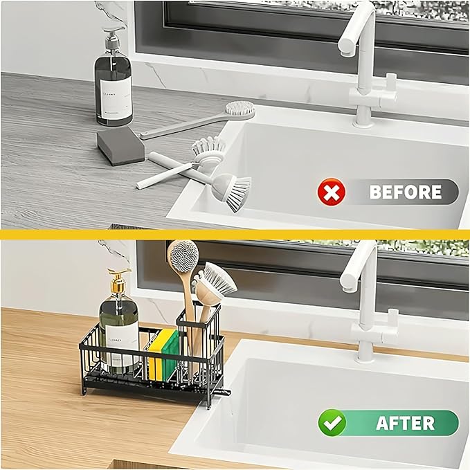 5 in 1 Sponge Holder for Kitchen Sink, Rustproof Stainless Steel Sink Caddy with Washing Cloth & Adhesive Hooks, Kitchen Sink Organizer with High Brush Holder and Soap Holder for Kitchen Sink