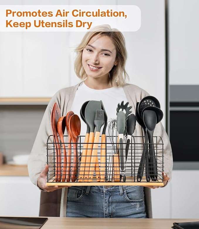 Extra Large Utensil Holder for Kitchen Counter - 15.7"x 6.7"x 4.4", Aesthetic Design, Anti-Slip Mat, 4 Compartments, Black Cooking Utensil Organizer for Countertop, Spatula Utensil Caddy