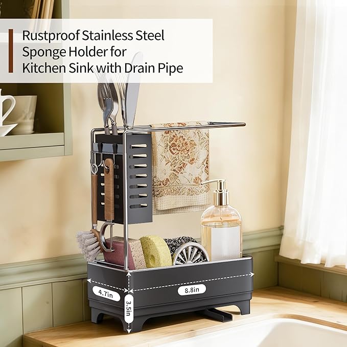 MOUKABAL Sponge Holder for Kitchen Sink, 2-Tier Sink Caddy Organizer with Drain Holes and Hooks, Holds Dishcloth, Sponge & Brushes, Kitchen Countertop Storage for New Home Essentials Grey