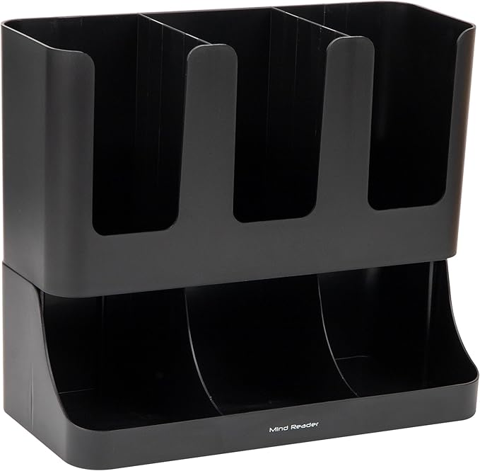Mind Reader Cup and Condiment Station, 13 Inch Countertop Coffee Bar Organizer with 6 Compartments, Storage Caddy for Cups, Lids and Packets, Plastic, Black
