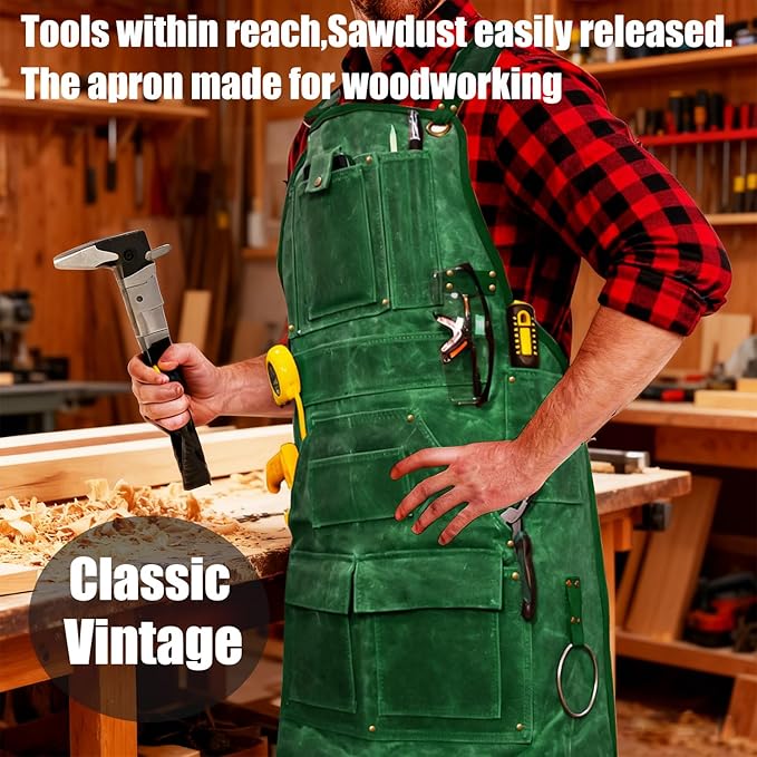 20-Pocket Heavy-Duty Waxed Canvas Work Apron – Fully Adjustable, Vintage Style Tool Organizer