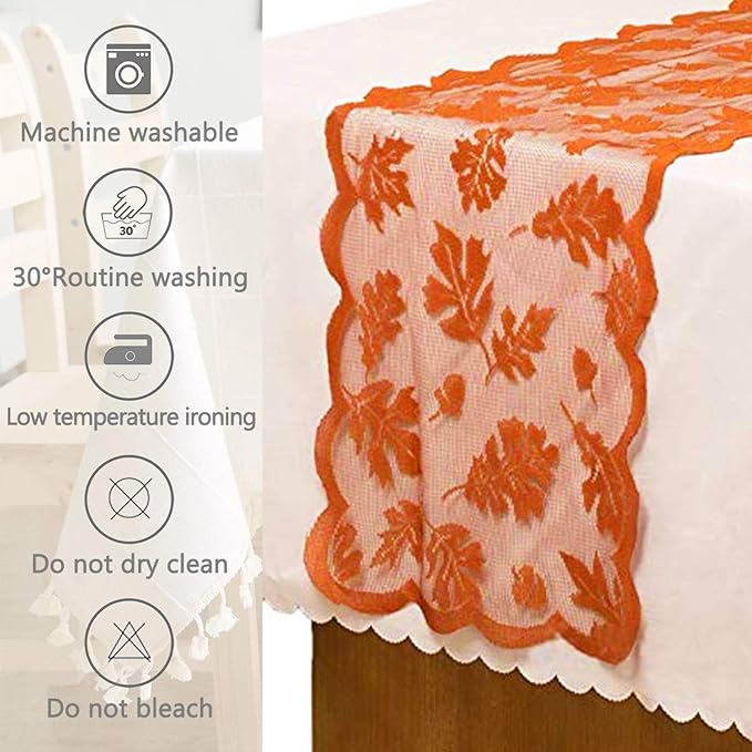 Fall Table Runner Thanksgiving Fall Decorations for Home 13 x 72 Inch Maples Leaves Table Runner Autumn Harvest Orange Lace Runners Thanksgiving Decorations for Tables Kitchen Dining Party (Brown)