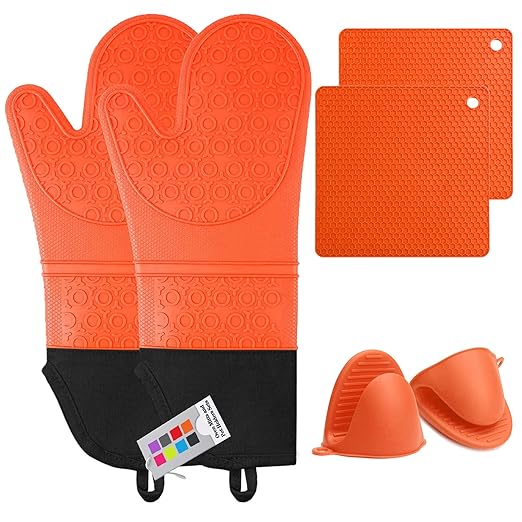 Silicone Oven Mitts and Pot Holders Set, MTZRFLL Extra Long Heat Resistant Oven Gloves with Hot Pads and Mini Oven Mittens for Grilling, Kitchen Cooking Baking, Soft Quilted Lining, Pack of 6 (Orange)