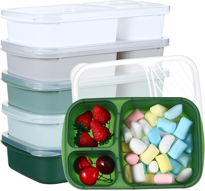 Honeydak 5 Pack Snack Containers 3 Compartment Bento Snack Boxes Divided Meal Prep Containers with Lids Reusable Adults Lunch Food Storage Box for School Work Travel(Sage Color)