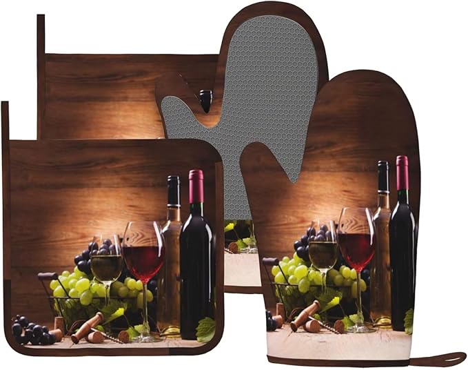 Wine Oven Mitts and Pot Holders Sets Silicone Vintage Glasses Wine Grapes Kitchen Mitts Potholders Heat Resistant 4Pcs Oven Gloves Hot Pads for Kitchen Baking Cooking BBQ Grilling