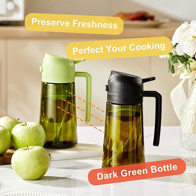 CXINYI - 16oz/470ml Olive Oil Dispenser for Kitchen with Stickers - 2 in 1 Olive Oil Sprayer for Cooking, Air Fryer, and Salad, Black (Light-Proof Kitchen Gadget)