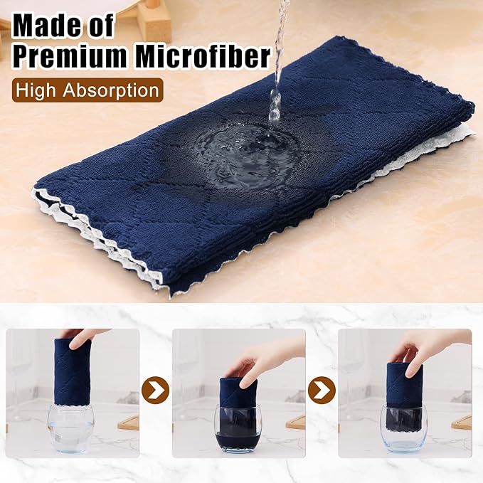 Mordimy 12 Pack Kitchen Towels (20" x 10", Navy Blue & White), Super Soft and Absorbent Dish Towels, Coral Velvet Microfiber Cleaning Cloth, Nonstick Oil Fast Dry Dish Cloths