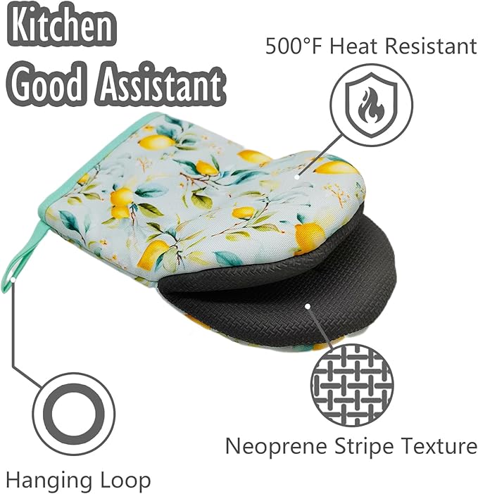 Lemon Oven Mitts, High Heat Resistant Kitchen Oven Gloves, Mini Silicone Oven Mitts, Non-Slip Grip Surfaces and Hanging Loop for Grilling, Baking, Cooking and Microwave, Gift