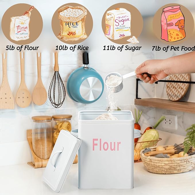 Youeon Metal Flour Container with Scoop and Lid, 6.3 Quart (Holds up to 7 lbs), Galvanized Steel Flour Canister with Handles, Farmhouse Square Storage Bin for Kitchen Counter, Pantry, White