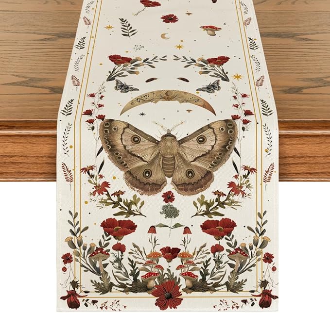 Artoid Mode Beige Poppy Moth Mushroom Moon Fall Table Runner, Seasonal Autumn Kitchen Dining Table Decoration for Home Party Decor 13x72 Inch