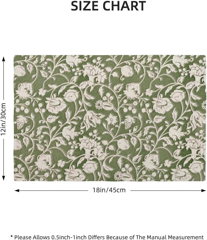 Floral Placemats 12x18 Inch Set of 4, Flower Print Linen Table Place Mat Neutral Vintage Decoration Washable Table Mats Sage Green Floral Decorative Linen Fabric Table Mat for Dining Table