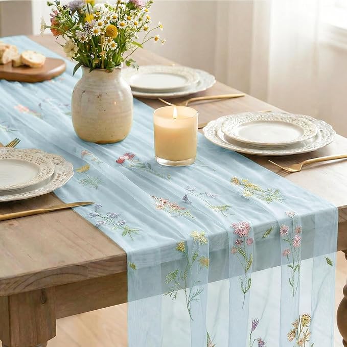 Artoid Mode Wildflower Floral Sky Blue Gauze Embroidery Table Runner 120 Inch 10FT, Tulle Seasonal Spring Kitchen Dining Table Decor for Home Party