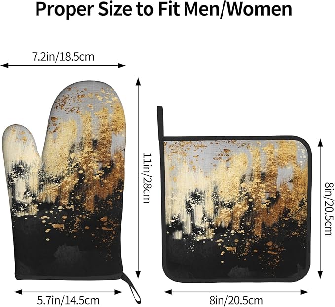 3 - Piece Black Gold Abstract Art Oven Mitts and Pot Holders Sets, Modern Decorative Black Gold Oven Gloves and Hot Pads Heat Resistant for Kitchen Cooking Baking Grilling, Gift for Women, Home Decor