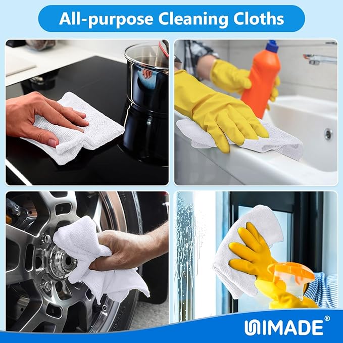 UNIMADE Shop Towels Rags, 150 Pack Reusable Shop Rags Bulk Microfiber Cleaning Cloth Lint Free Cleaning Towels for Car Kitchen Automotive Bar Mechanic Restaurant Garage, 11.5"x 11.5", White