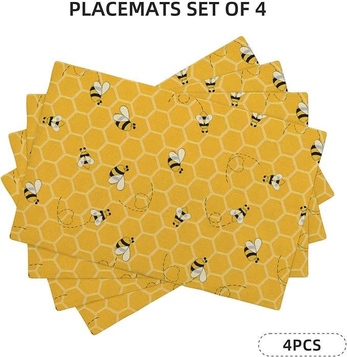 Mustard Yellow Placemats Set of 4 Cute Honey Bee Summer Decor Place Mats 12x18 Inch Honeycomb Seasonal Holiday Decorative Linen Table Mats for Home Kitchen Dining Party Table Decoration