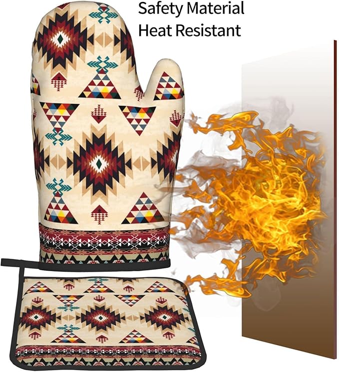 Southwestern Aztec Oven Mitts and Pot Holders Set of 3, Heat Resistant Non-Slip Navajo Pattern Oven Gloves with Hot Pad, Native American Boho Kitchen Decor Gloves for Chef Cooking Baking Grilling BBQ