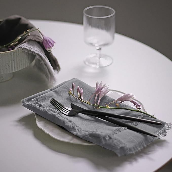 Handmade Cloth Napkins 100% Cotton Napkins with Fringe，Delicate Handmade Cloth Napkins for Dinners, Parties, Weddings and More，18 x 18 Inch Set of 12 - Grey