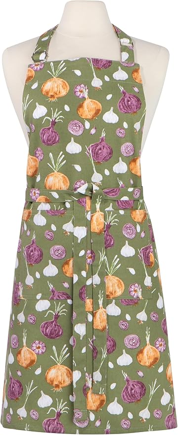 Now Designs Aromatics Chef Apron, Adjustable Neck Strap, Extra Long Waist Ties, Watercolor Onions & Garlic Design, 100% Cotton, W28 x L32in