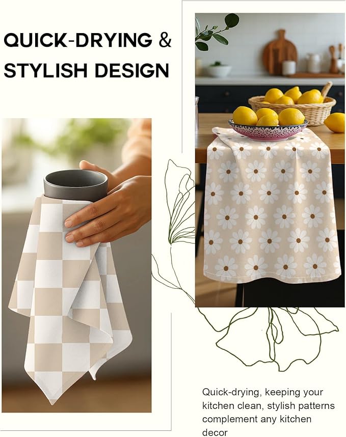 Miss Adola 2 Pack Flour Sack Kitchen Towels - 16x26 Inch Cotton Dish Towels with Hanging Loop Reusable Geometric Boho Modern Retro Tea Towel Absorbent Dishcloths Home Decor, Beige Checkered Flower