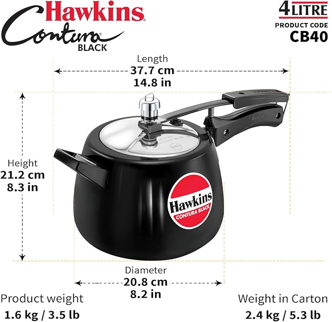 Hawkins 4 Litre Contura Black Pressure Cooker, Hard Anodised Inner Lid Cooker, Handi Cooker, Black (Cb40), 4 Liter