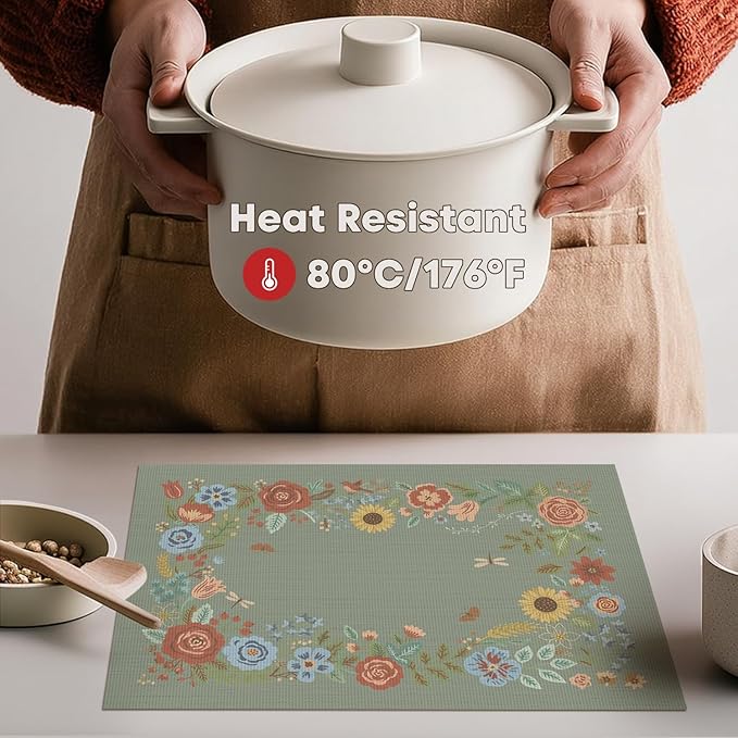 Artoid Mode Sage Florals Butterfly Spring Vinyl Placemats Set of 4, Washable Non-Slip Plastic Table Mats for Vintage Holiday Party Kitchen Dining Decor