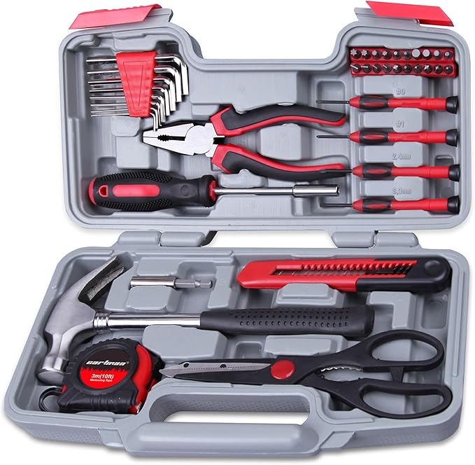 CARTMAN 39-Piece Home Tool Set Kit, Essential Household Hand Tools with Plastic Storage Case Red