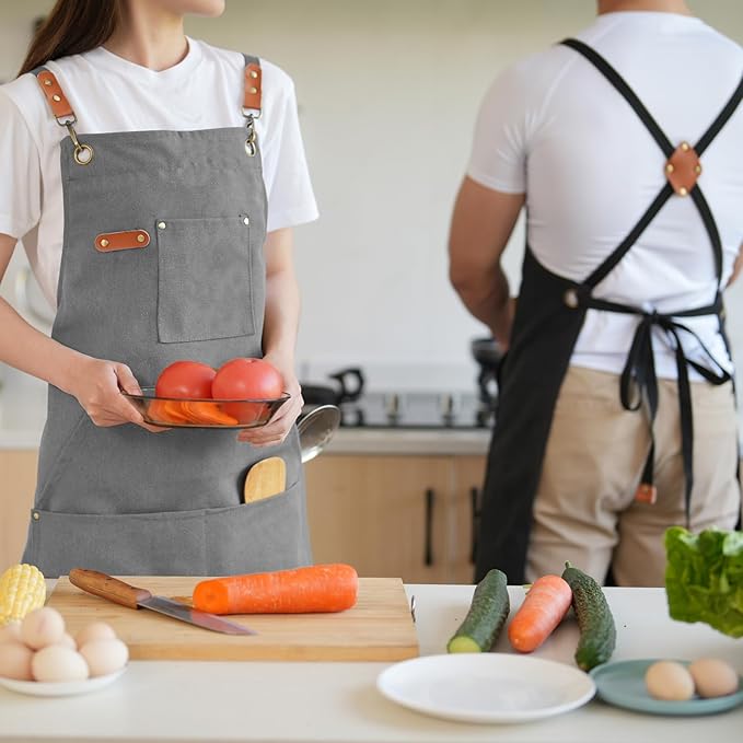 Aoomzoon Canvas Aprons for Men Chef Apron, Work Apron with Large Pockets - 16oz Heavy Duty Cross Back, BBQ, Cooking