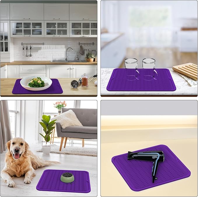 ZLR Silicone Dish Drying Mat 12" x 12" Square - Small Heat Resistant Trivet & Countertop Protector for Air Fryer, Coffee Maker - Waterproof Kitchen Drain Pad for Cups, Fruit (Meadow Violet)