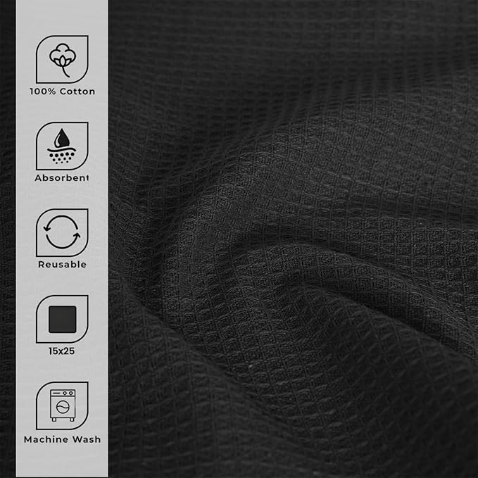 Blue Needles Waffle Weave Kitchen Towels, 15x25 Inches 100% Cotton Set of 4 Dish Towels for Kitchen, Ultra Soft & Absorbent with Hanging Loop, Spring Summer Dish Rags for Quick Drying - Black
