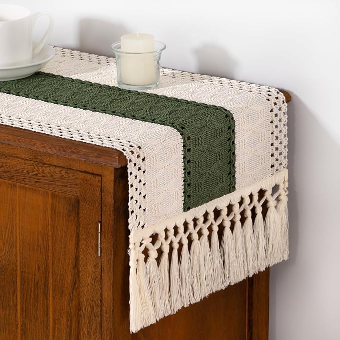 DeZerlor Boho Macrame Table Runner Spring Easter Farmhouse Woven Small Table Runner with Tassels 48 Inches Ivory& Olive Green Cotton Linen Kitchen Table Decor for Dining Dresser Home Tea Table Decor